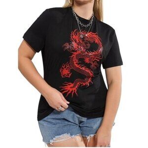 Black T-Shirt With Red Dragon Graphic Design Crew Neck Short Sleeve Cotton-Blend